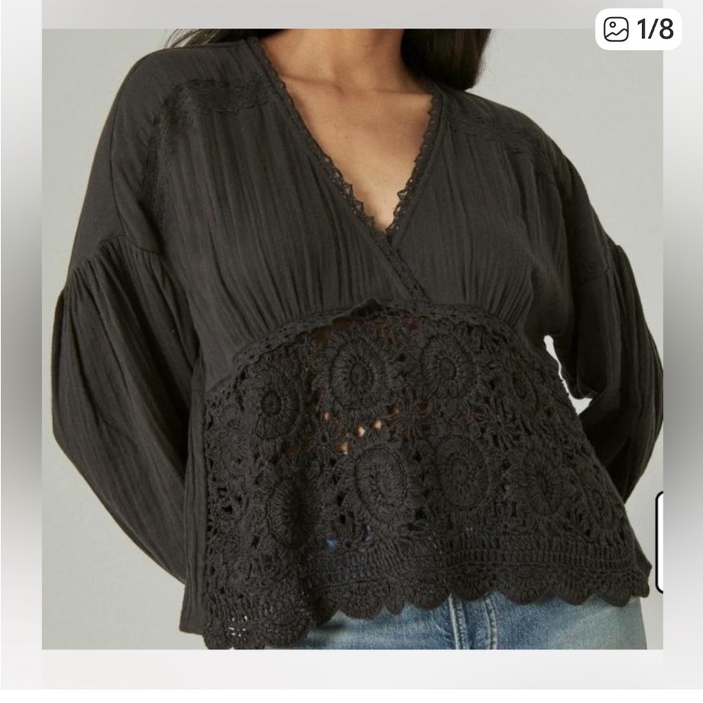 LUCKY BRAND Women Top Boho Crochet Peasant Festival Cottagecore Medium